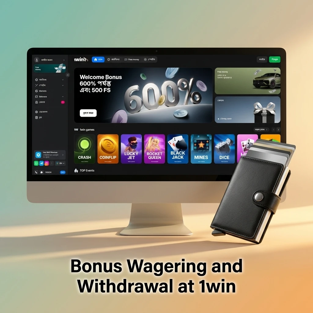 1win bonus wagering rules showing 35x requirement and withdrawal conditions for BDT welcome bonus funds