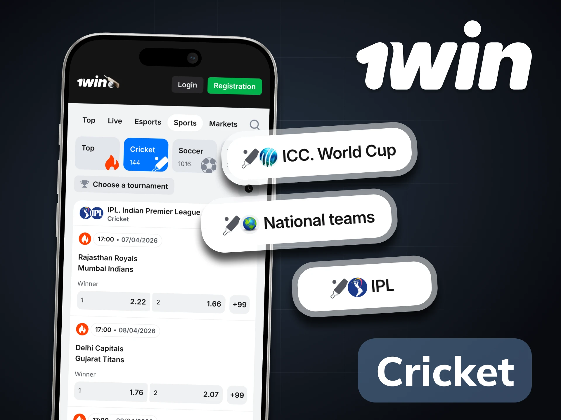 Place your bets on cricket tournaments directly on 1Win app.