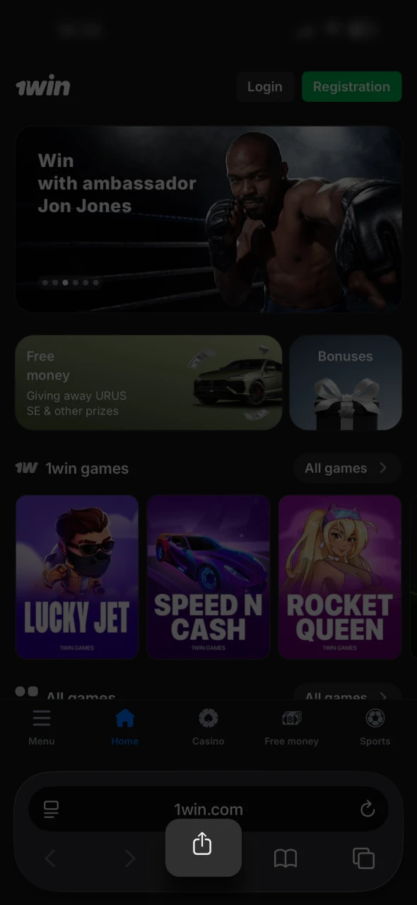 Open Safari menu by clicking the share button at 1Win.