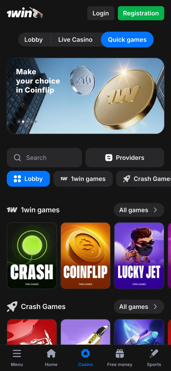 Explore casino games section on 1Win app.