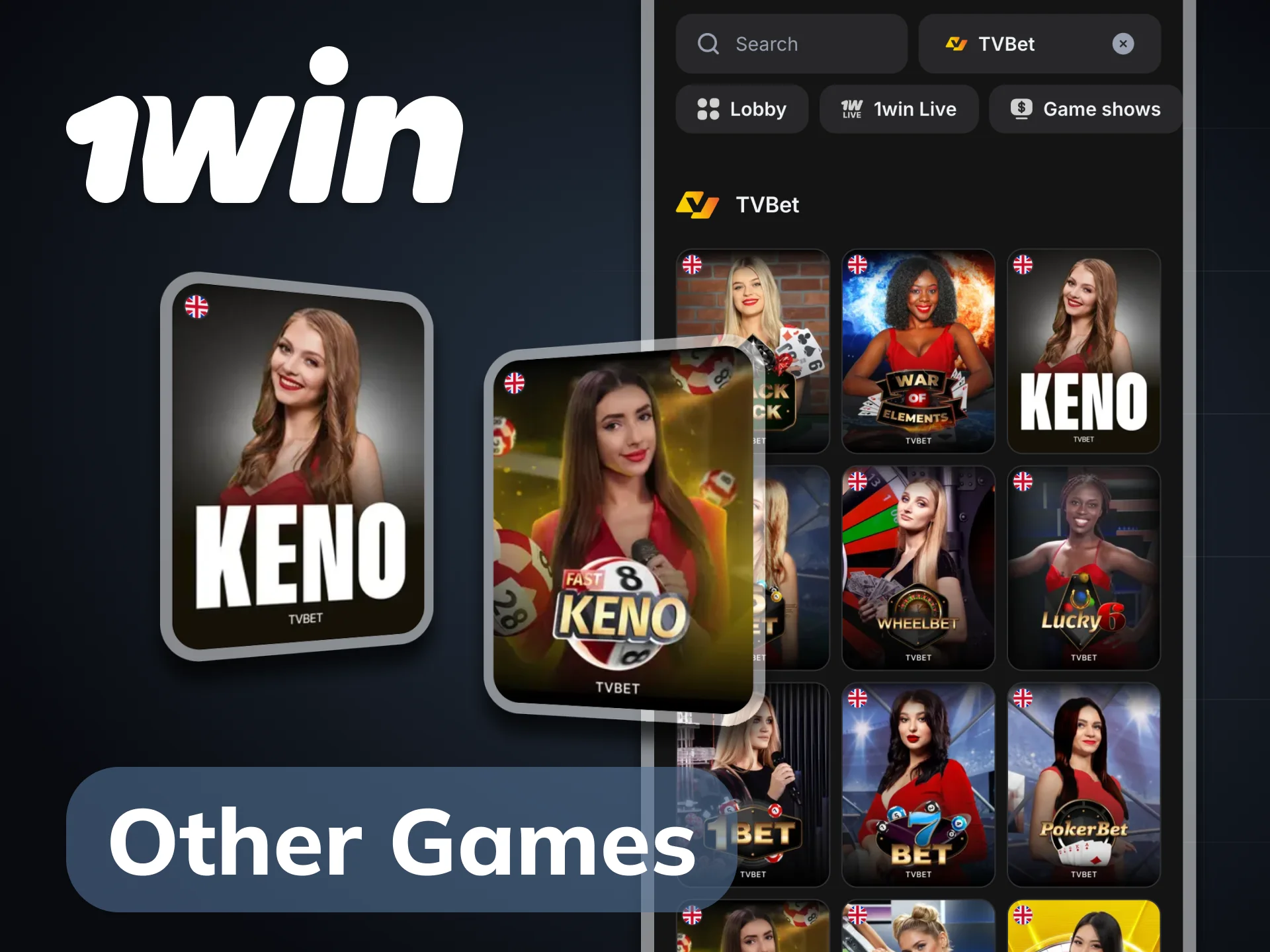 Try playing TV Games on 1Win mobile application.